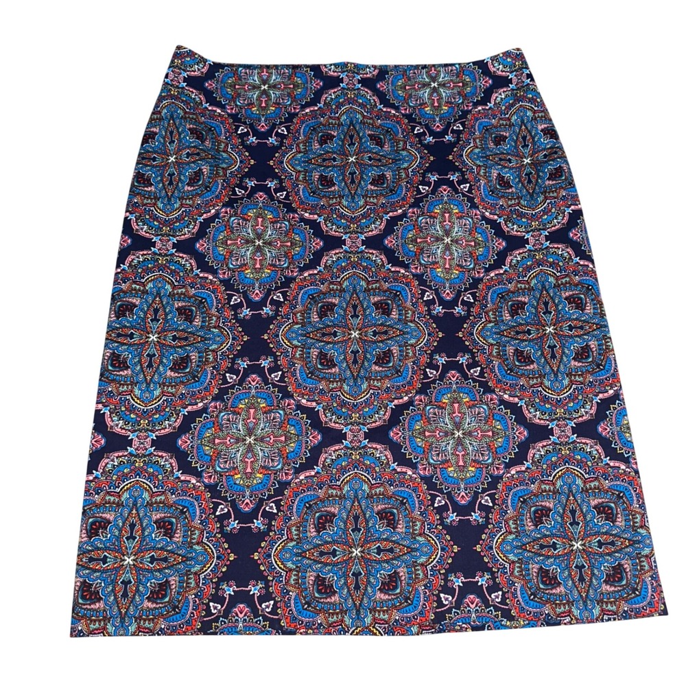 Talbots Pencil Skirt Navy Blue Paisley Medallion Cotton Classic Office Women's 8
